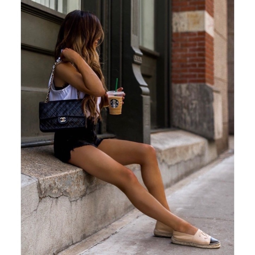 💚CHANEL Espadrille Flats Cap Toe Tan Black